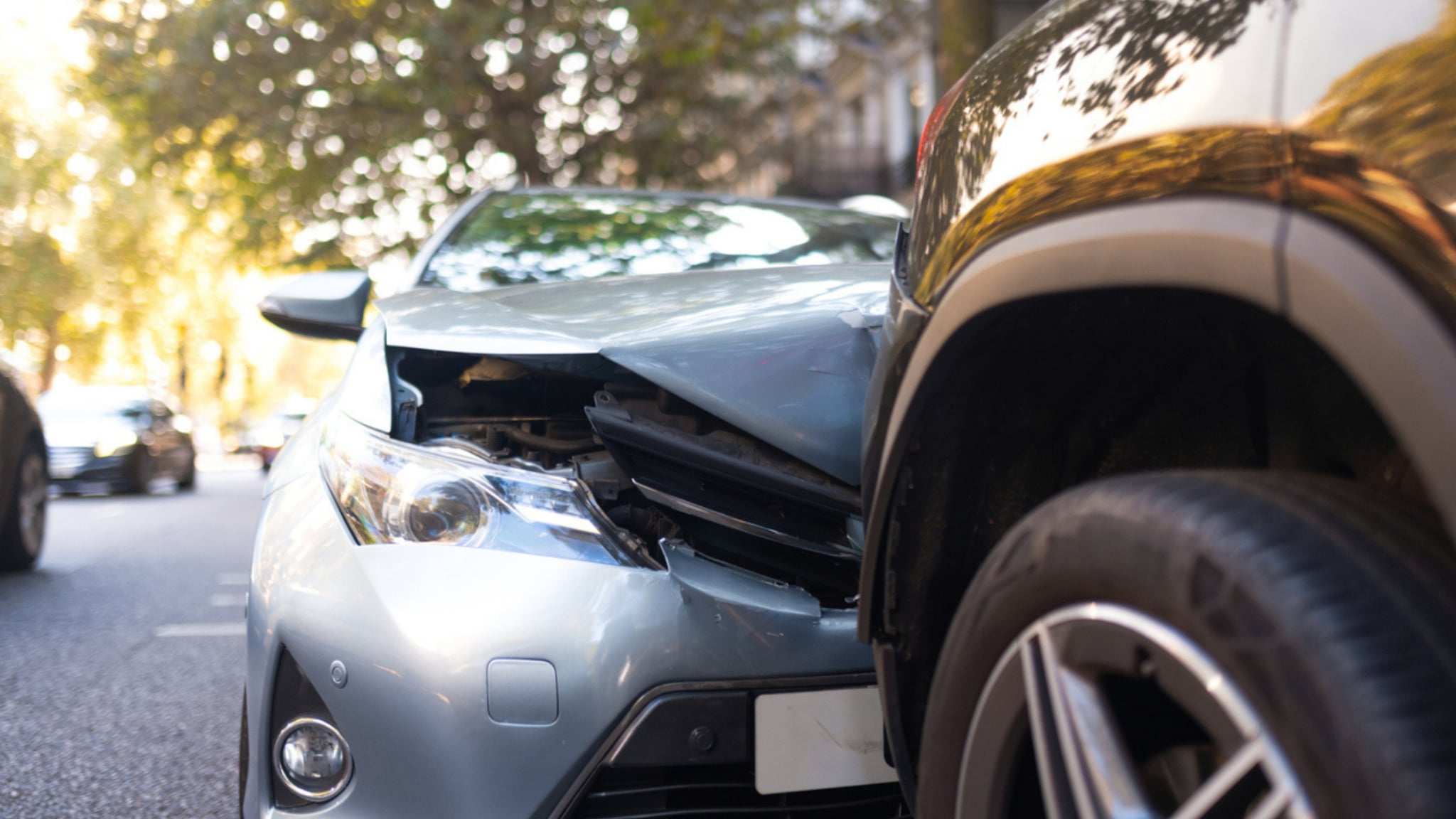 two vehicles in a frontal crash, up close.